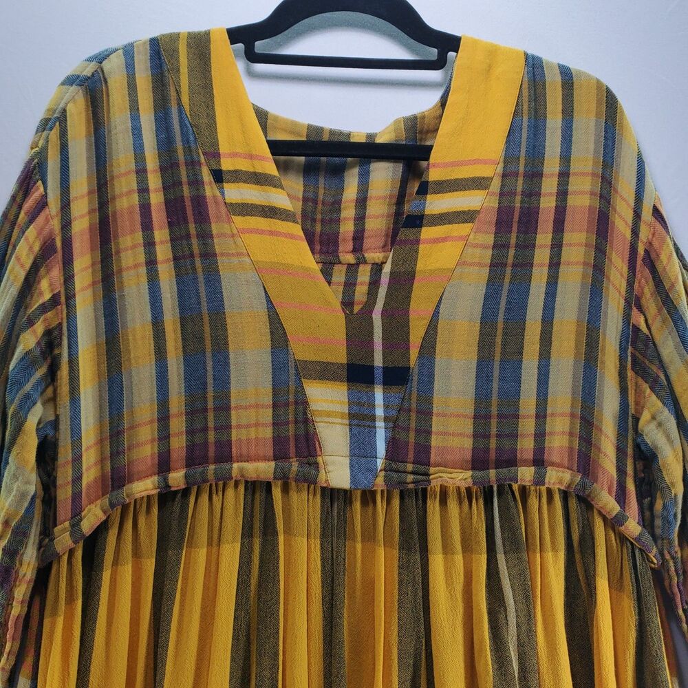 M Urban Outfitters Plaid Tunic Mini Dress Long Sleeve Yellow Black V Neck - Picture 7 of 13